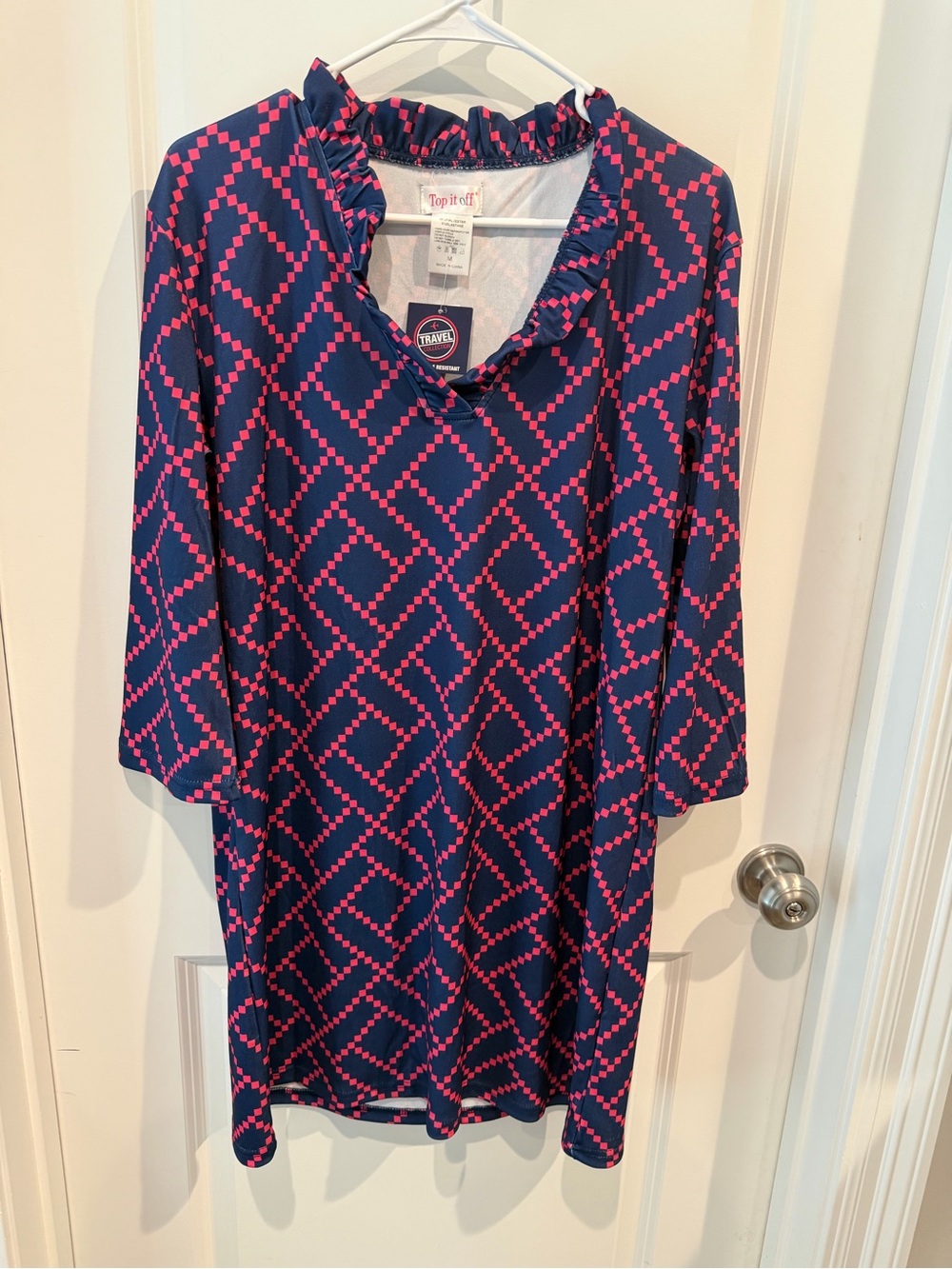 Navy & Pink Geometric Ruffle-Neck Dress Size Medium